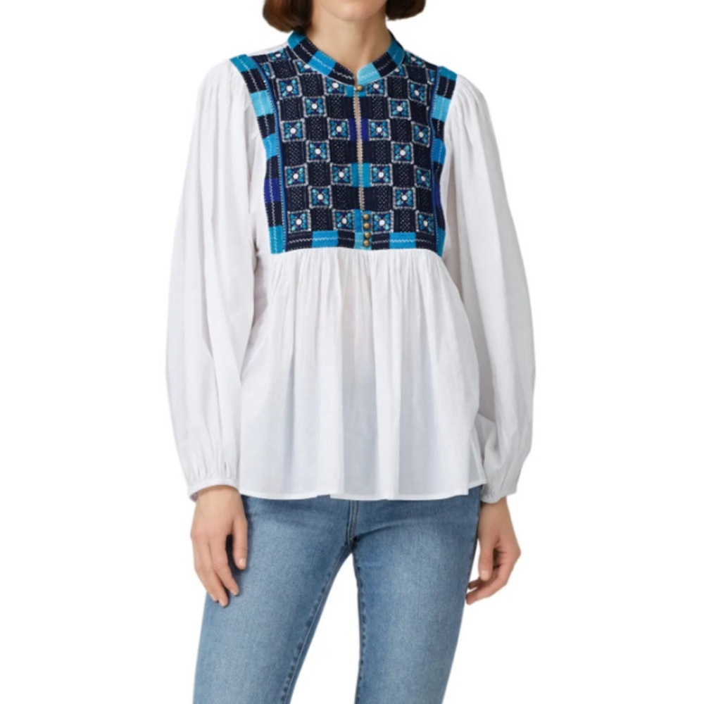 FIGUE Boho Pleated Nora Top Embroidered Mandarin Collar Babydoll Peasant Blouse